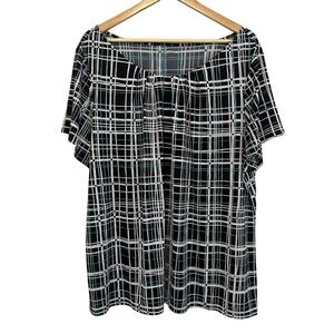 Women's 3X Black White Plaid Stretchy Soft Work Casual Short Sleeve PLUS Blouse